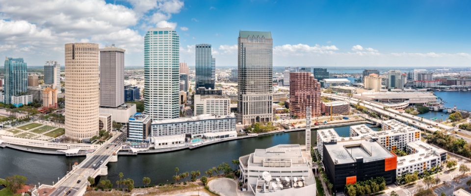 Aerial panorama of Tampa, Florida skyline. Tampa is a city on the Gulf Coast of the U.S. state of Florida.