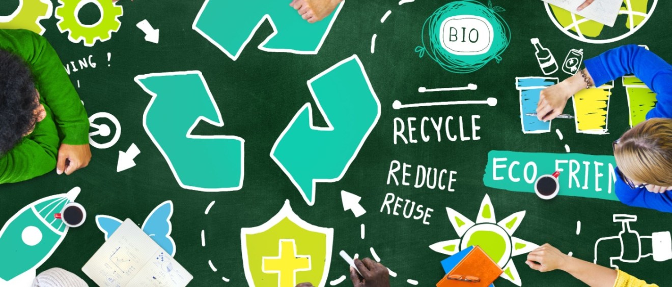 Illustration representing a group of Gen Z friends brainstorming ideas for eco-friendly living tips when living in rental apartments.