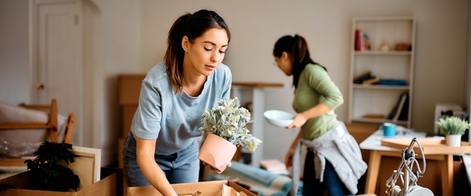 Female Gen Z renters unpacking their things while moving into a new rental apartment.