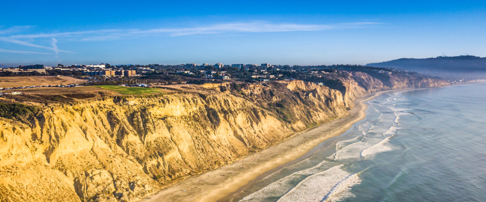 Aerial view of Black’s Beach in San Diego, with dramatic cliffs and waves, highlighting its reputation as a top secluded surf spot and one of the best beaches in the city.
