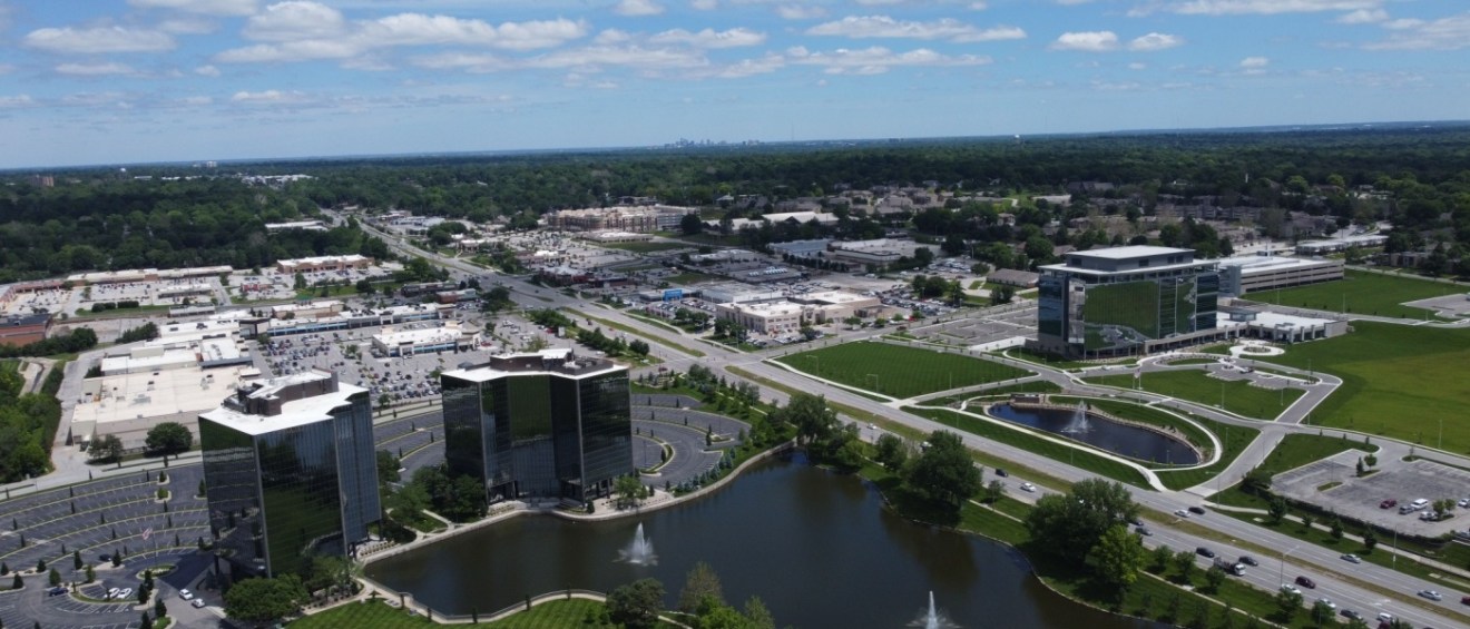 View of the fountains at 95th and Metcalf, in Overland Park, KS, the top city for the July rental activity report.