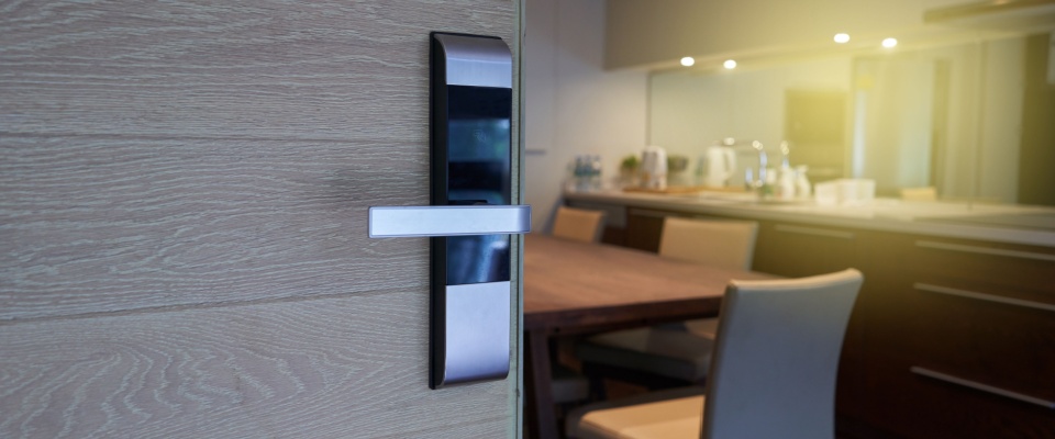 Digital door lock for house, hotel or apartment door. Electronic door handle for smart life style.