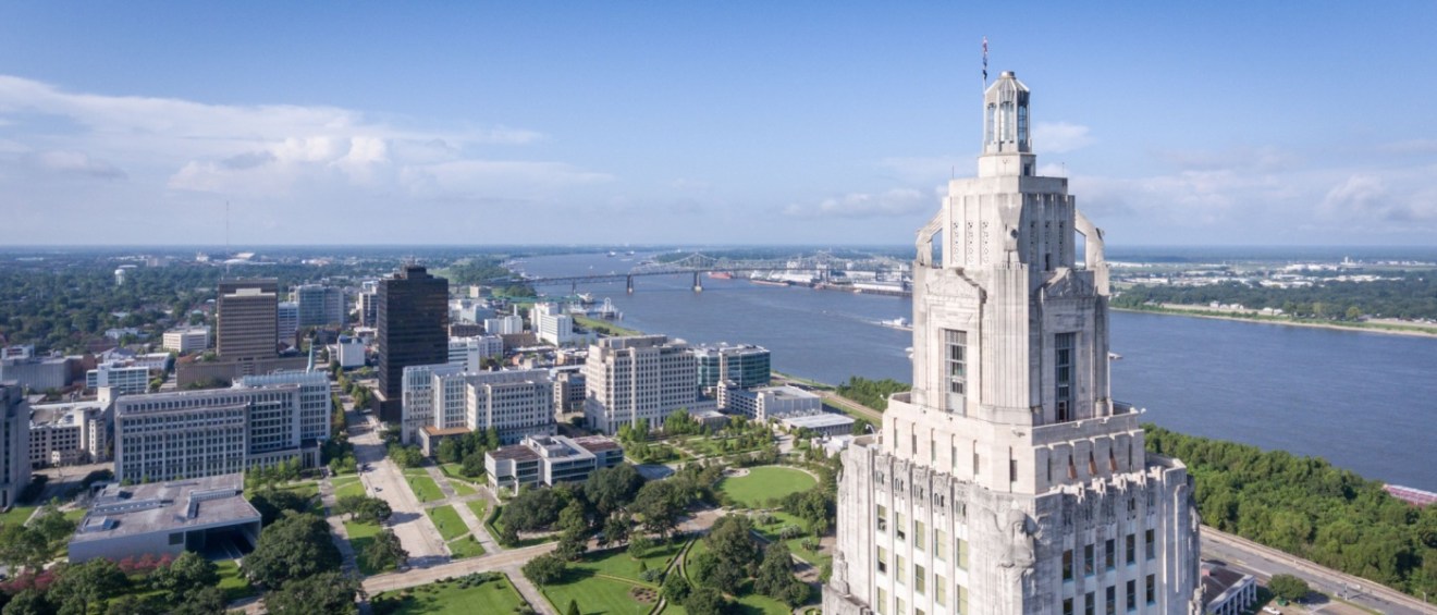 Aerial view of Baton Rouge, Louisiana and the Mississippi River