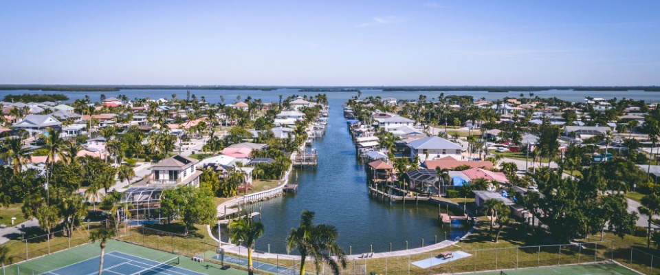 Drone shot of Fort Myers River Apartments in Fort Myers, Florida, where apartment size is among the largest in the state.