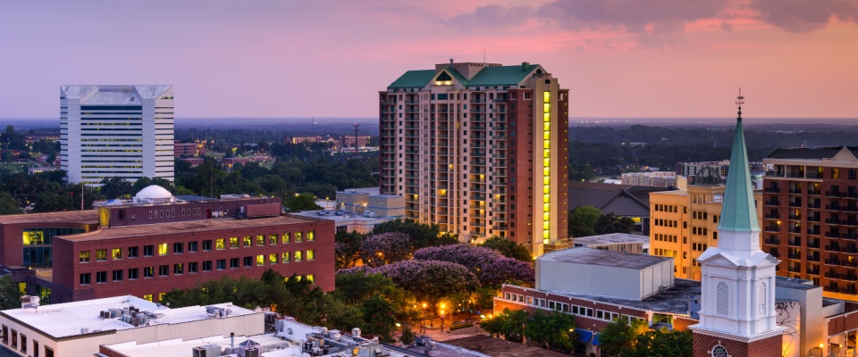 The downtown skyline of Tallahassee, Florida, where apartment size is among largest in the nation.