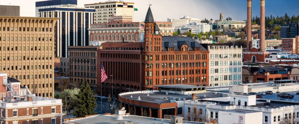 Aerial view of Spokane, WA, where a monthly rent of $1,500 gets you nearly 950 square feet of apartment space.