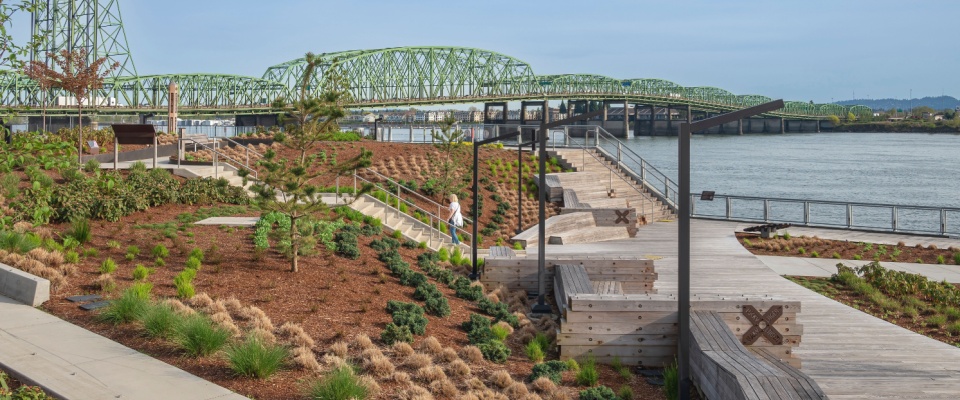 Interstate bridge between Vancouver and Oregon states and the Vancouver Waterfront Park, where renters get more apartment space than the national norm for $1,500 per month.