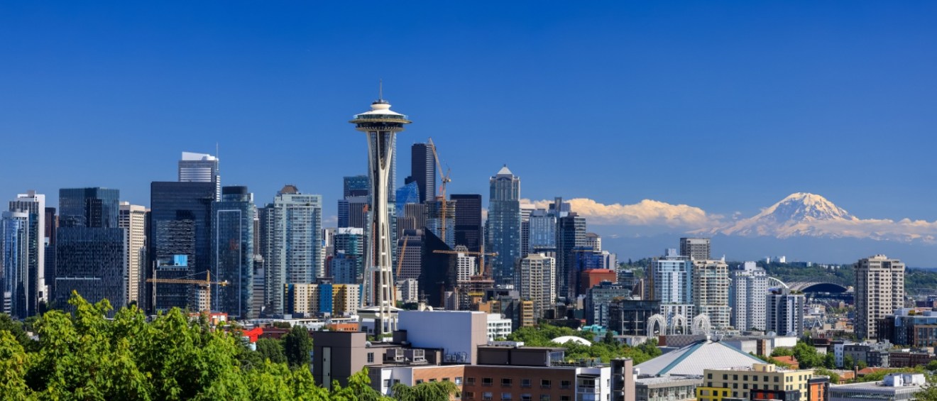 Panoramic view of Downtown Seattle, where $1,500 per month gets renters less than 500 square feet of apartment space.