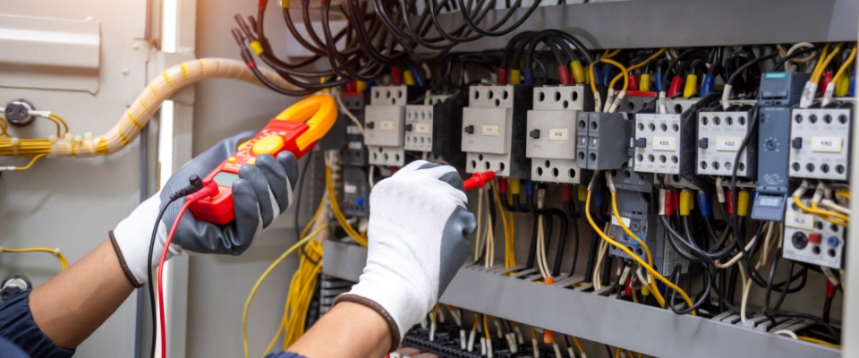 Man working at a circuit breaker box. 