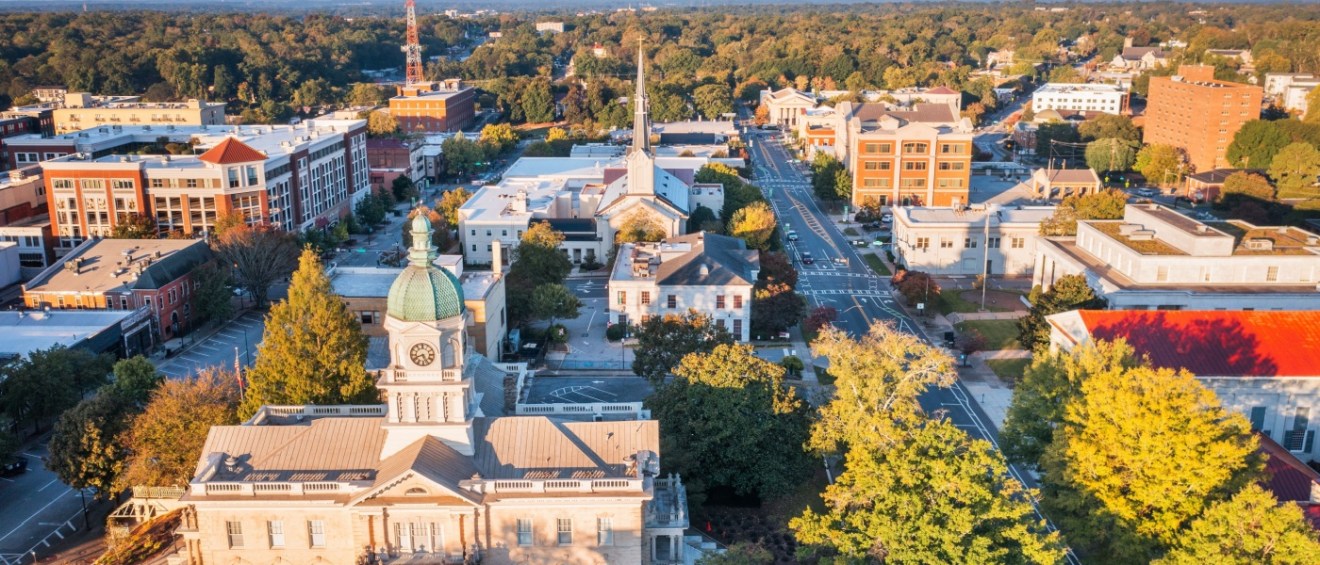 View of a city in Georgia at dawn.