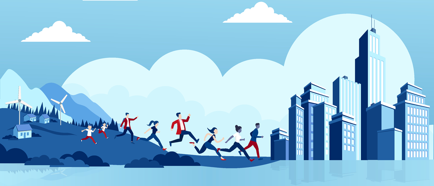 illustration showing people moving to big city