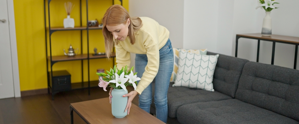 A young woman decorating her first apartment by arranging fresh flowers in a vase on a coffee table in a modern living room with yellow and gray accents.