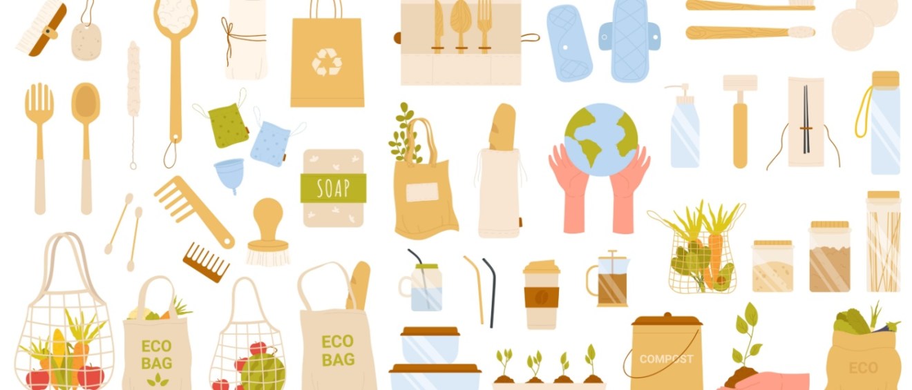 Cartoon paper food bags, reusable wooden and glass storage containers and bottles to reduce consumption.