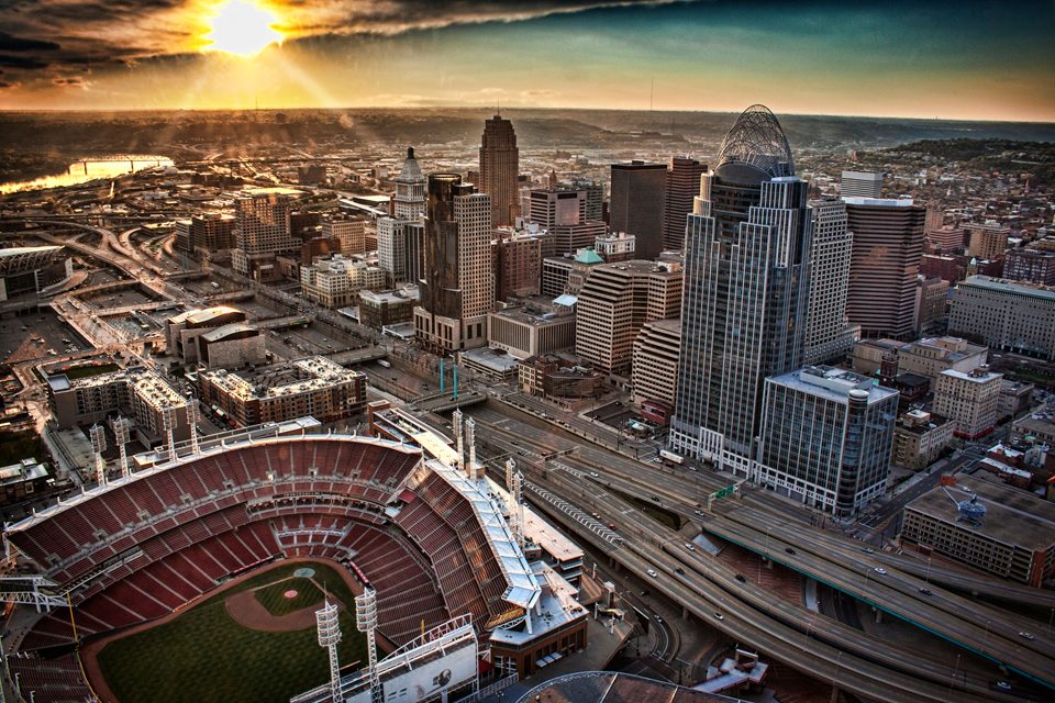 aerial view of cincinnati and stadium