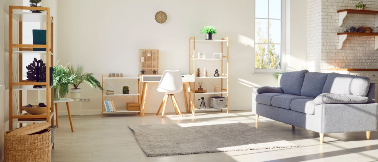 Simple interior design of a new clean modern apartment. No one at home, in a cozy bright sunny living room with white walls, gray sofa, wooden shelves, green plants, warm rug and laminate flooring.