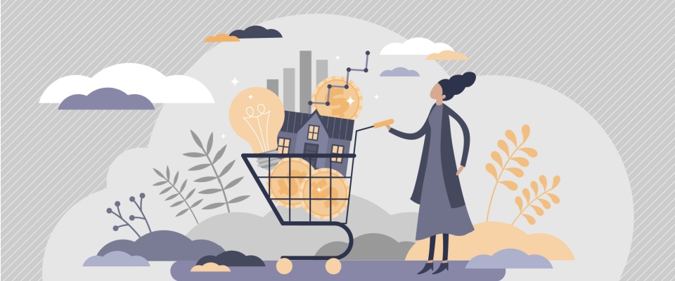 Cost of living with expenses consumption in cart flat tiny persons concept. Family budget plan with affordable payments vector illustration. Lifestyle price for electricity, utilities and mortgage.