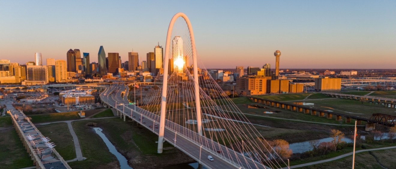 View of Dallas, TX from above at sunset.