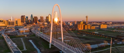View of Dallas, TX from above at sunset.