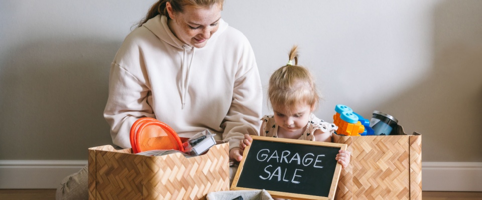 A young woman and her daughter packed up for a garage sale and donation.