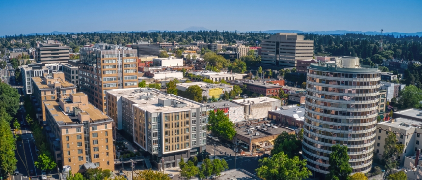 Aerial view of the Vancouver, Washington skyline during a sunny summer day.