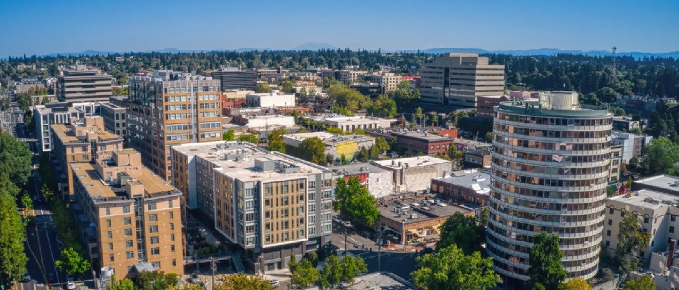 Aerial view of the Vancouver, Washington skyline during a sunny summer day.