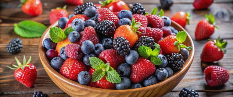 A wooden bowl filled with a variety of fresh berries, including strawberries, raspberries, blackberries, and blueberries, with sprigs of mint, sitting on a rustic wooden surface.