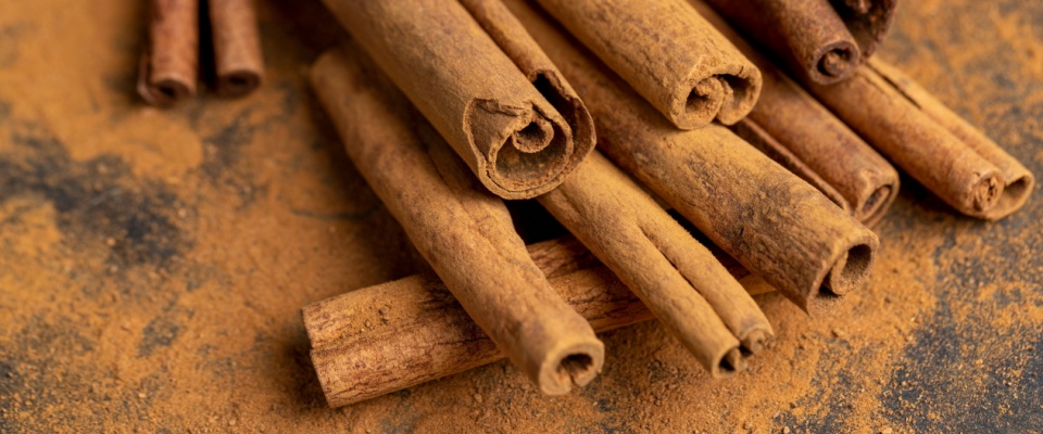 Whole cinnamon sticks and ground cinnamon displayed together, showing both the unprocessed spice and its powdered form on a table.