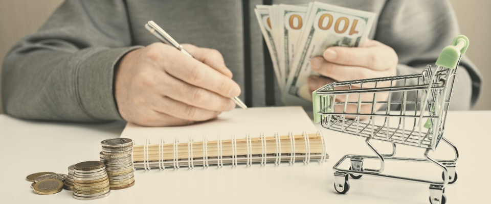 Close-up of a person holding $100 bills while budgeting, with a pen in their other hand and a notebook in front of them.