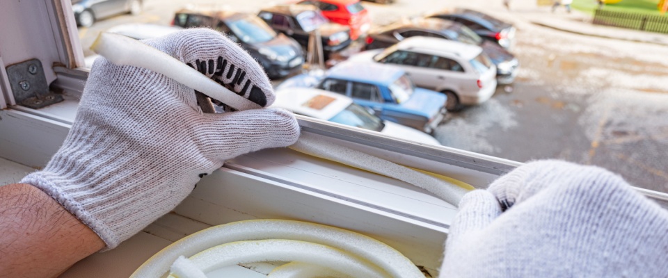 A close-up of a person’s glove-covered hands, using foam strips to reduce noise coming through their window.