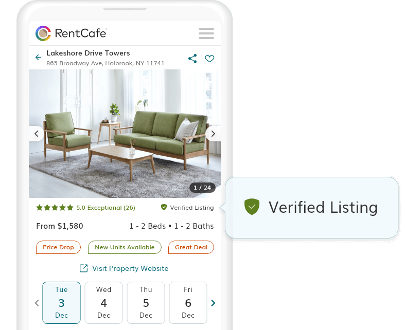 An image featuring a label indicating that a listing is 'Verified.' 