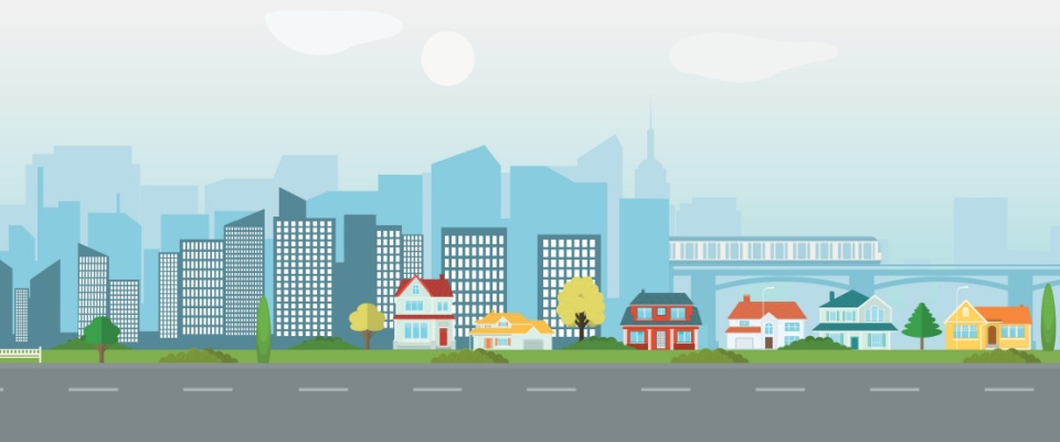 Illustration of diverse housing options during the colder months, when it's the best time to rent, showing urban apartment buildings in the background and suburban houses in the foreground.