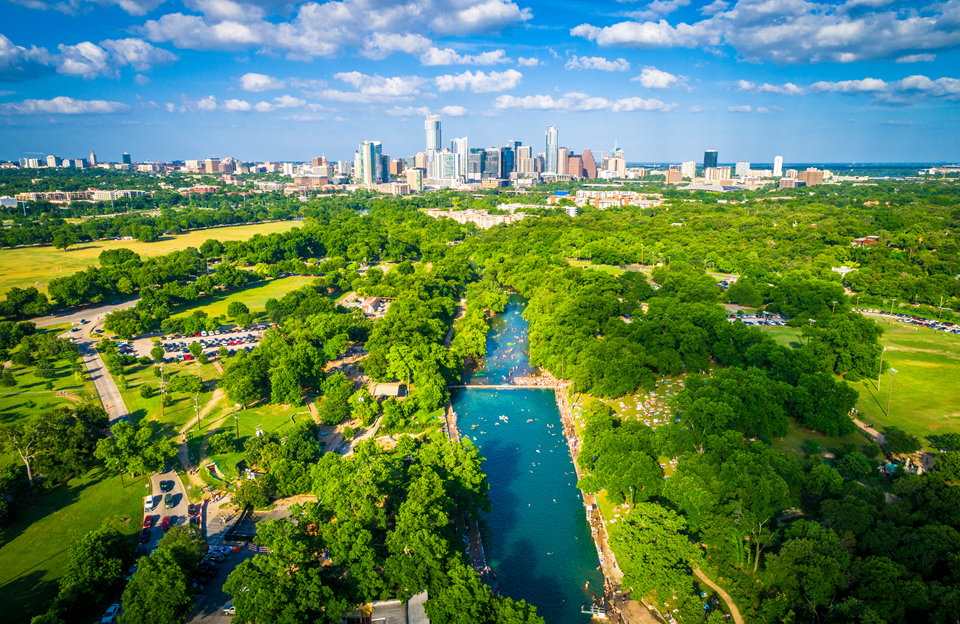 aerial view of barton springs pool in austin