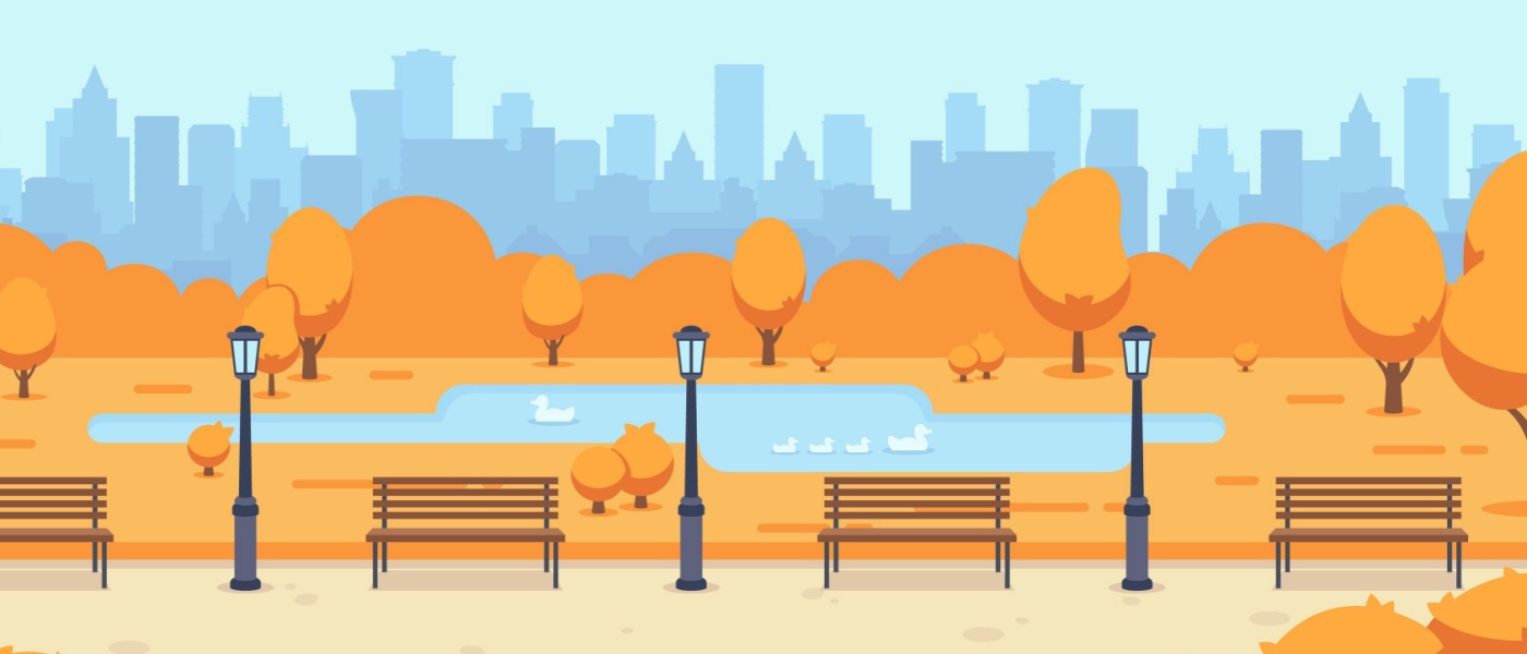 Illustration of an autumn park with orange trees, benches, a pond with ducks, and a city skyline, symbolizing the fall season as the best time to rent an apartment.