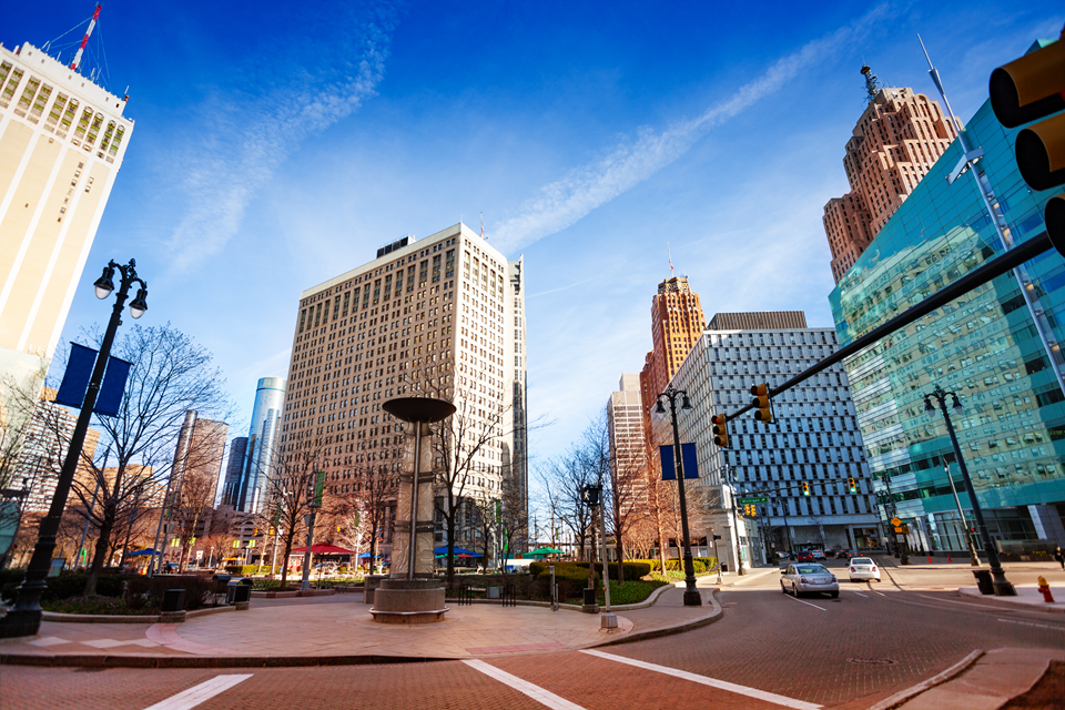 view of campus martius park square in detroit