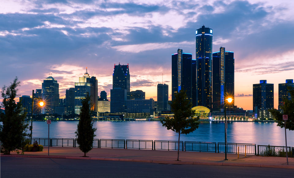 riverwalk in detroit at sunset