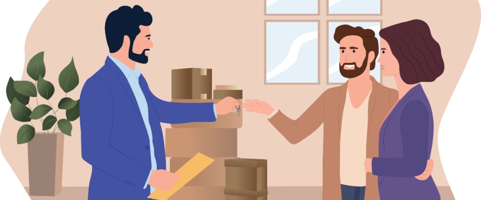 Illustration of a couple negotiating with a landlord, who is handing over keys and holding a document, surrounded by moving boxes in an apartment in off-season (when it's the best time to rent).