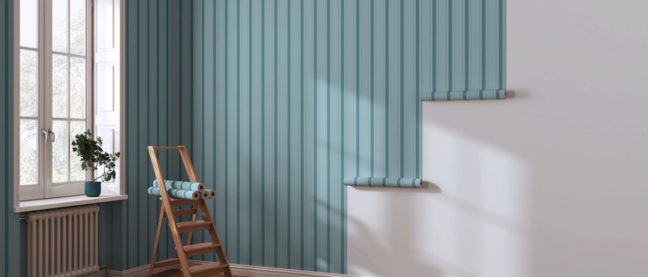 Empty room with white walls and parquet floor, striped blue wallpaper on the wall. Rental-friendly upgrades that can be easily implemented.