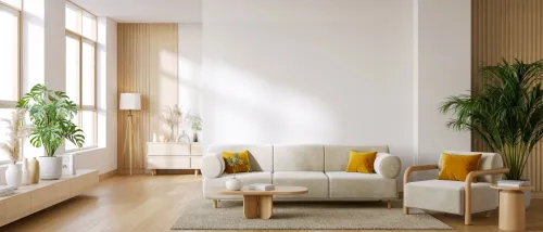 A modern mid-century style living room featuring a sleek white sofa and a wooden coffee table.