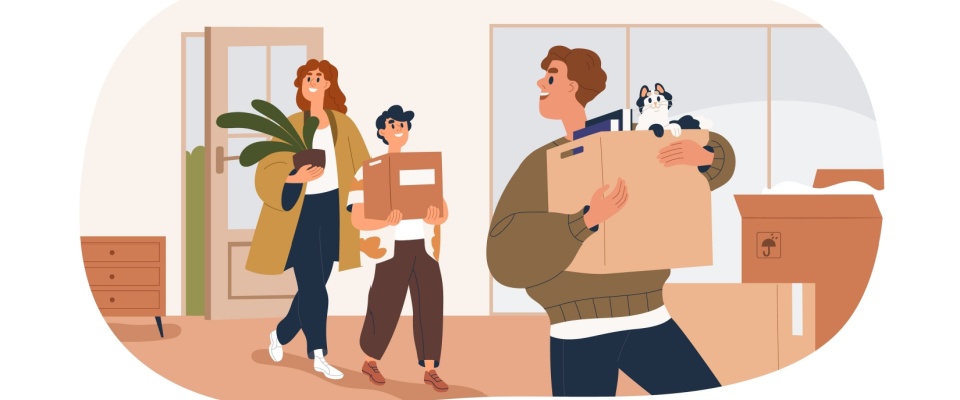 Illustration of a family moving into a new apartment if off-season (when it's the best time to rent), carrying boxes and a potted plant, with a cat peeking out from one of the boxes.