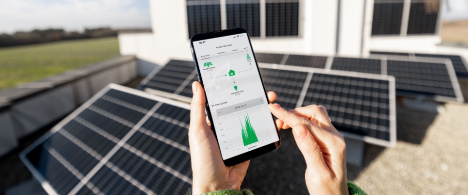 Woman monitors energy production from the solar power plant with mobile phone. 