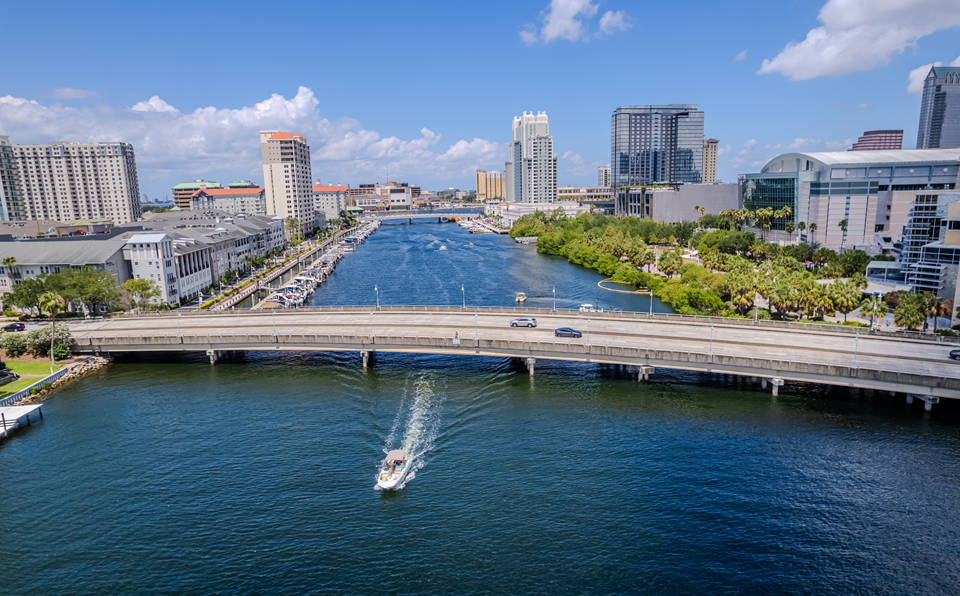 tampa aerial view of bridge river and buildings