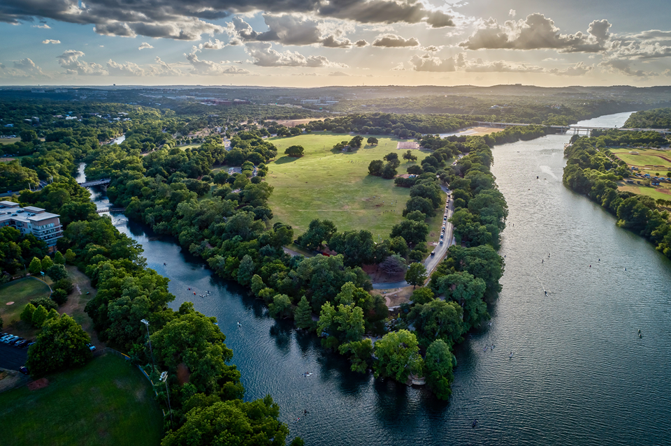 aerial view of zilker park in austin, texas