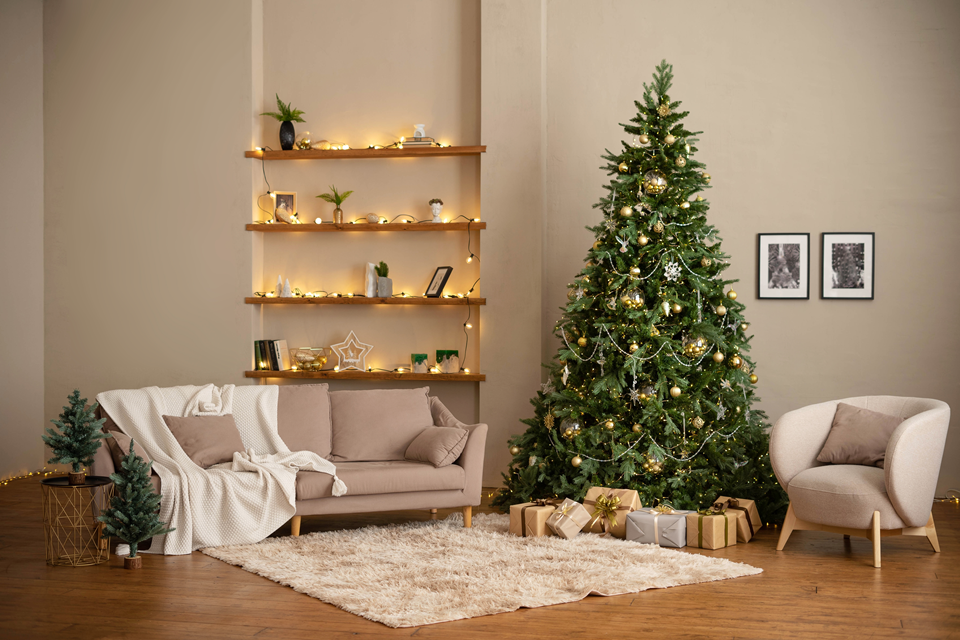 holiday decor in apartment with bookcase and tree