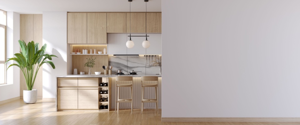 A modern kitchen interior with a white wall mock-up, featuring an elegant combination of white and wood materials.