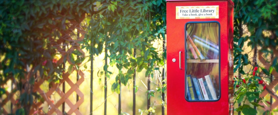 A red Little Free Library box in a peaceful neighborhood park, surrounded by lush greenery and trees.