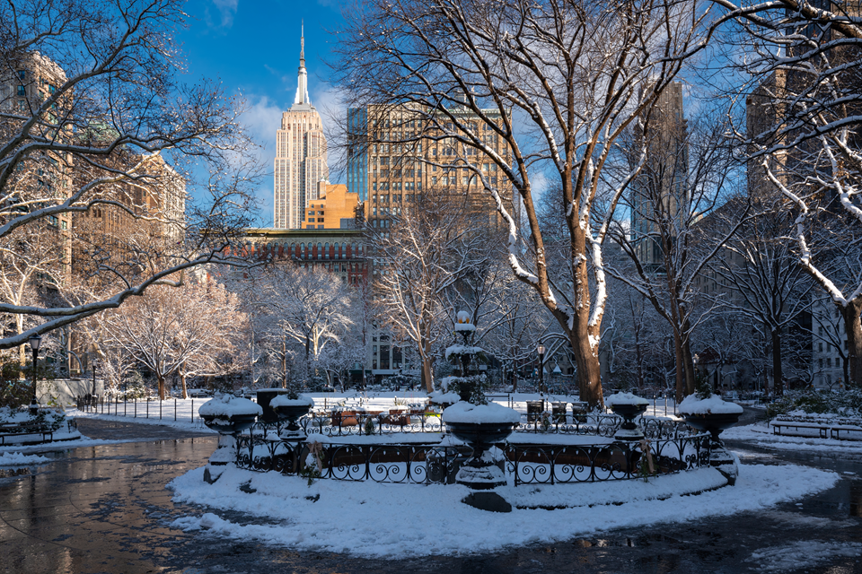 view of midtown and madison square garden in wintertime