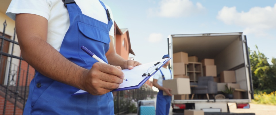 A photo of a crew of movers, with one of them pictured in the foreground, holding a clipboard and using the pen in their right hand to write something down, while the other is in the background, moving a box into the truck.