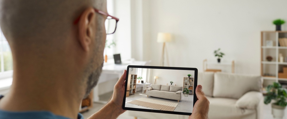 A person conducting a virtual video tour of their apartment, holding a tablet to showcase the design of their living room.