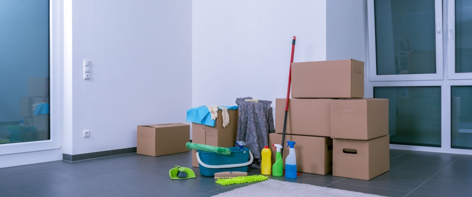Packed boxes and cleaning supplies in a tidy apartment, representing preparation for breaking a lease early and moving out.