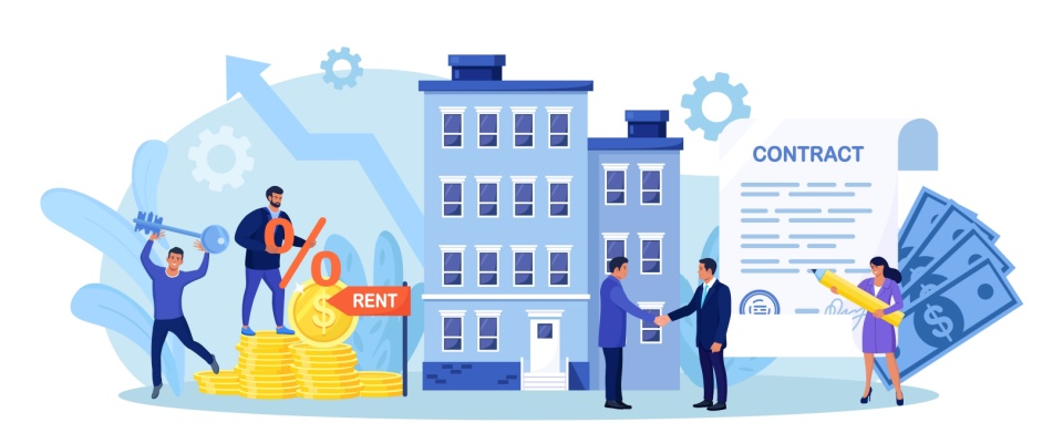 A vector image depicting a building for rent, with a contract on the right-hand side and a stack of coins on the left. Two people are shaking hands in front of the building.